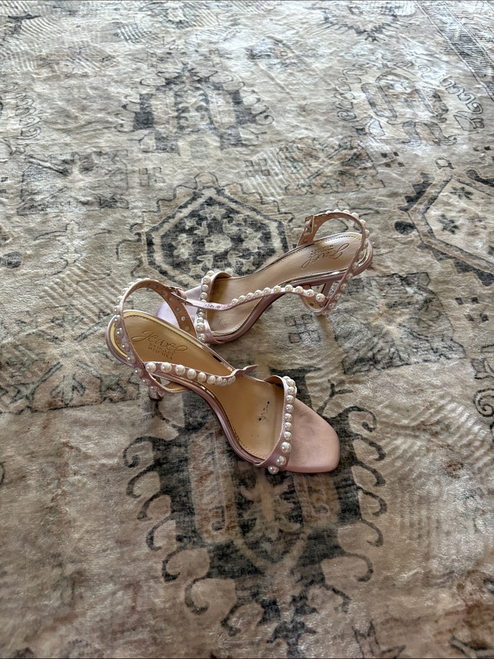 Badgley Mischka Pink Pearl-Trim Slingback Heels